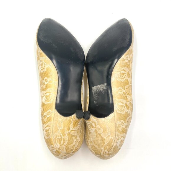 Vintage‎ Cream Lace Over Gold Cottagecore Kitten Heels Pumps Shoes - Picture 9 of 14